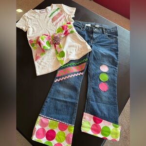 Girls custom boutique preppy pink green polka dots set with bows, size 8